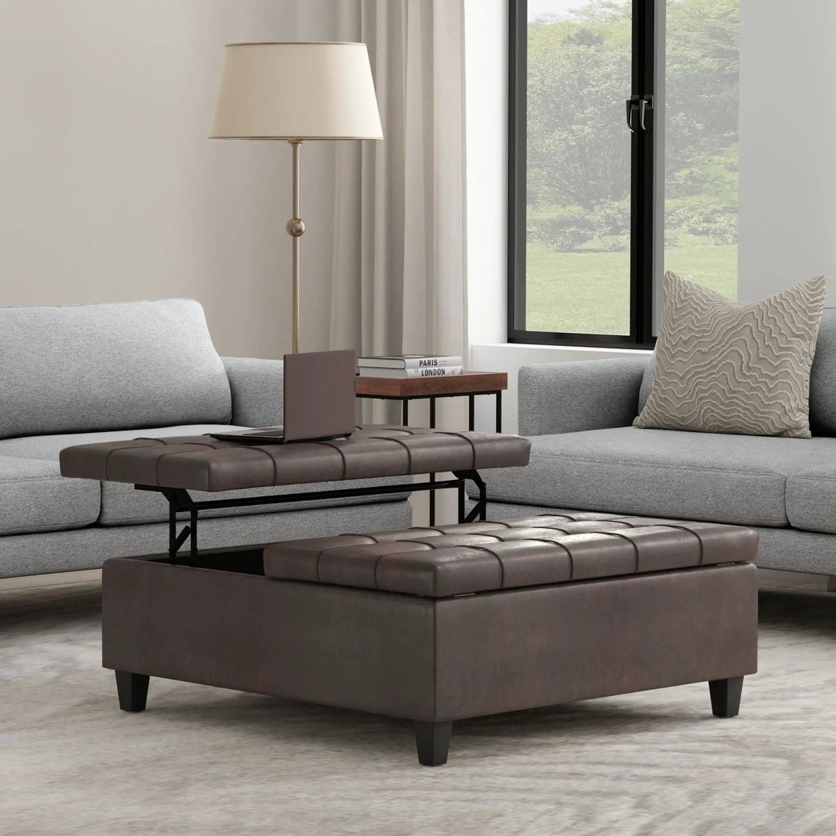 Harrison Large Coffee Table Storage Ottoman | Split Lift-Up Top | Square Design | 36 Inch Width