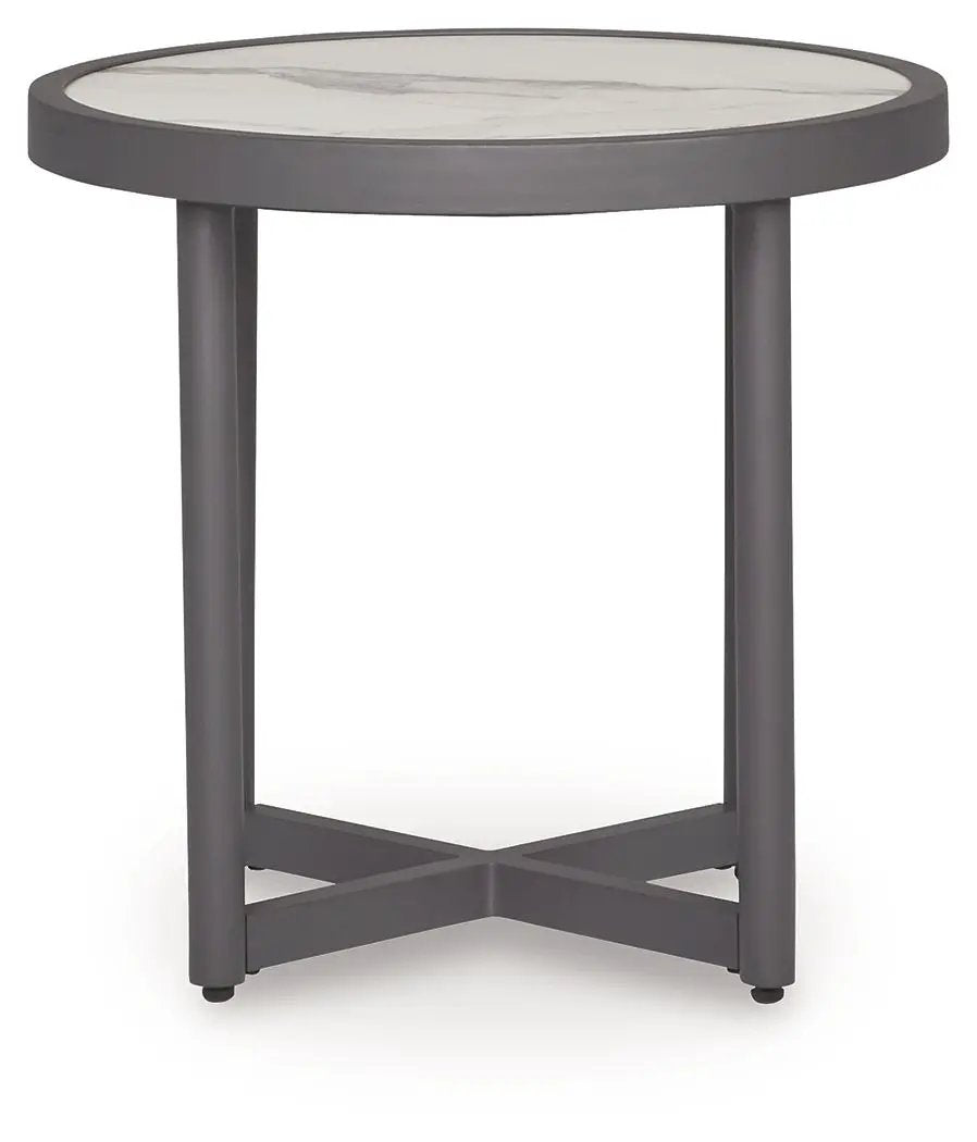 Ocean Beach Round Outdoor Table | Gray Shades | Marble Look Top | Porch And Patio