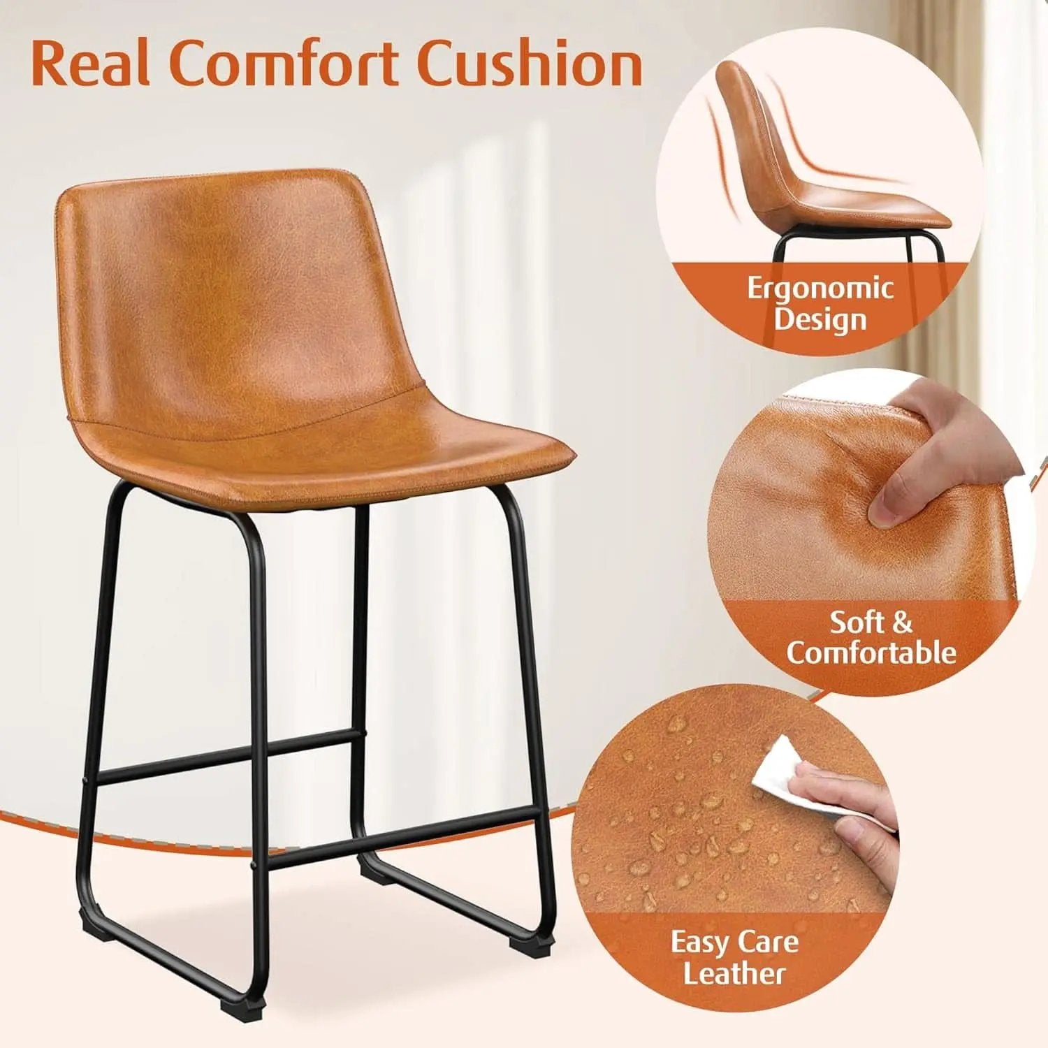 Bar Stools Set Of 4 26 Inch Brown PU Leather Counter Height from PriceLows™