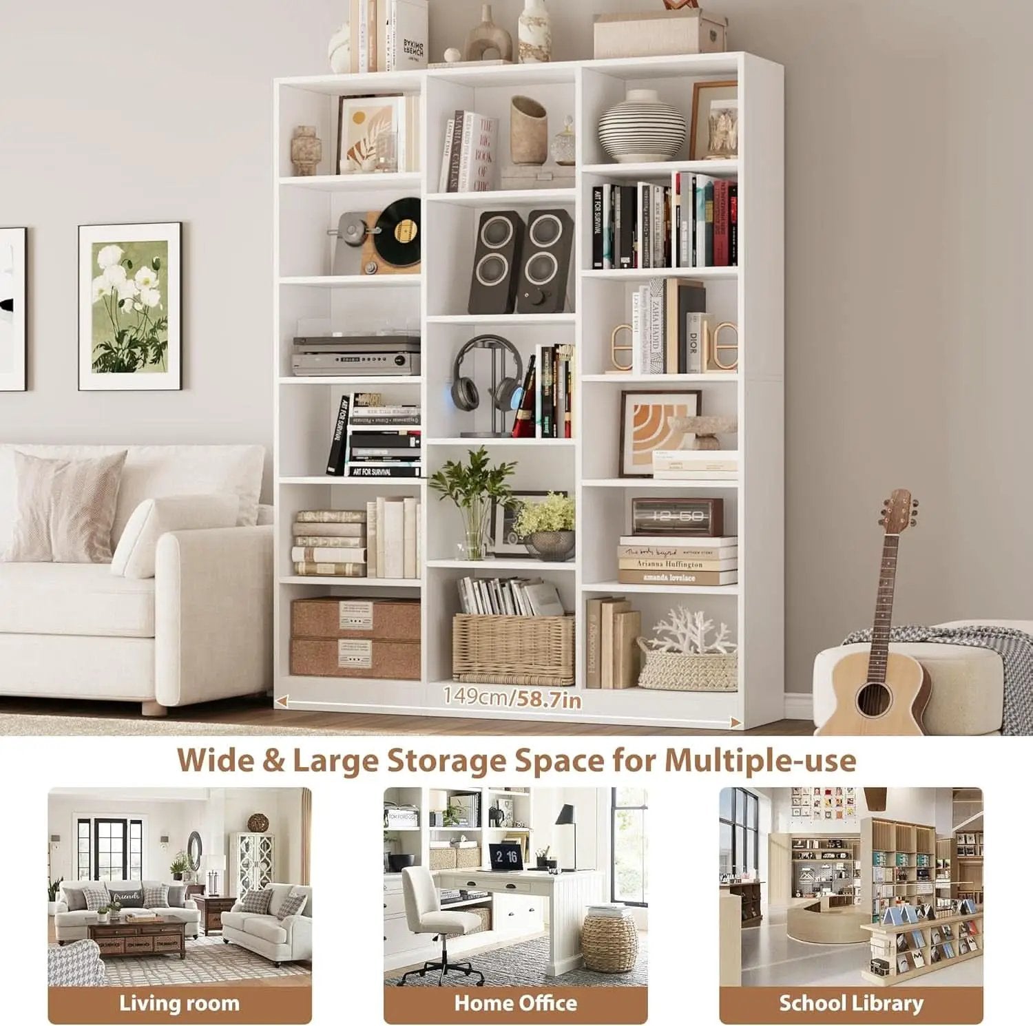 Triple Wide White Bookshelf 6 Tier 74 Inch Tall Unit from PriceLows™