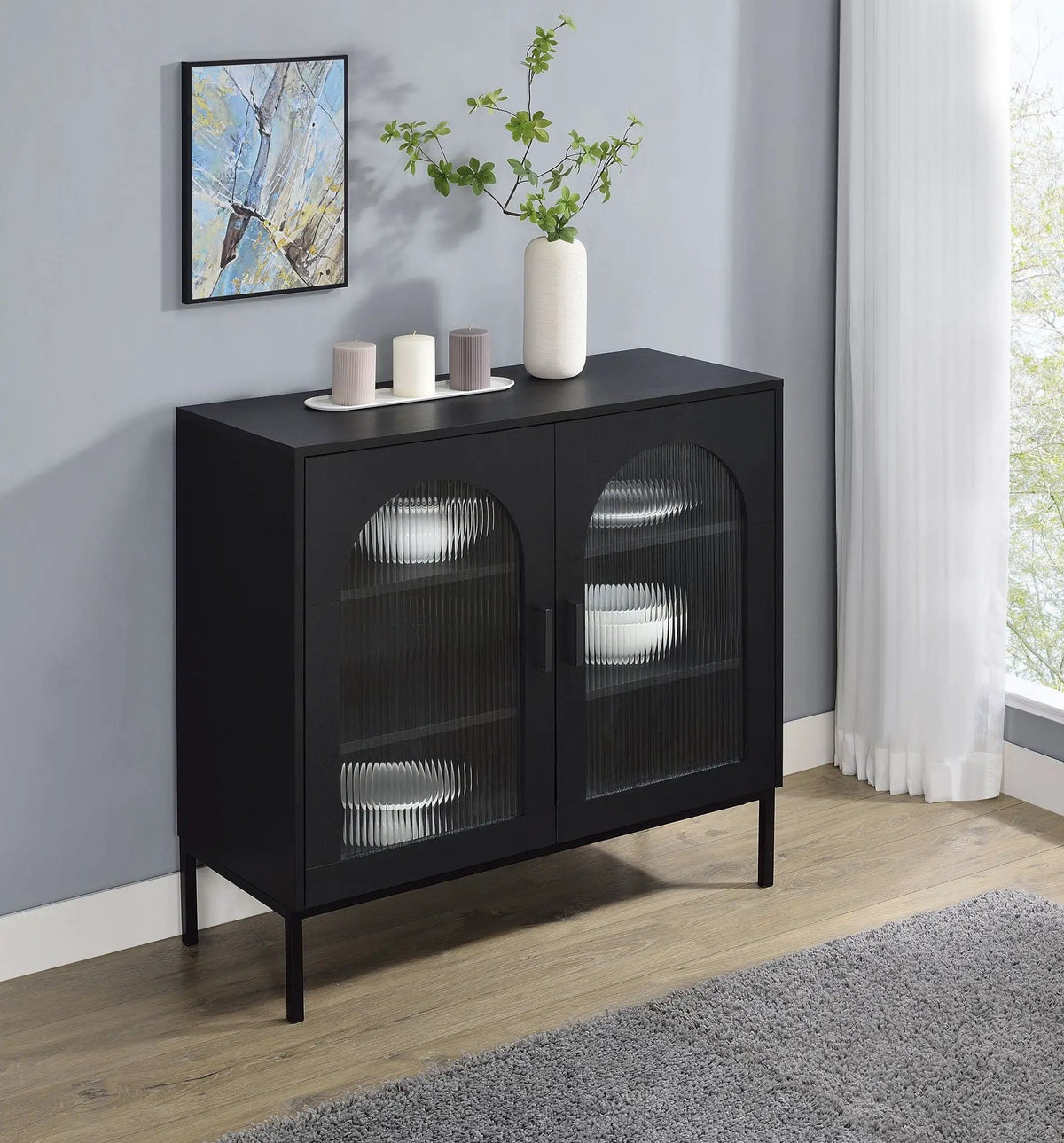 Jess 2-door Arched Fluted Glass Accent Cabinet | 37 x 16.25 x 35.75 in | Engineered Wood & Tempered Glass | Black