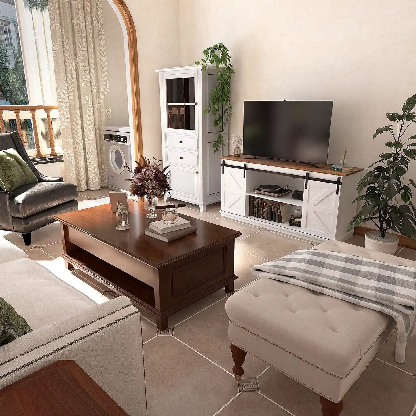 65 Inch Farmhouse TV Stand With Sliding Barn Doors from PriceLows™