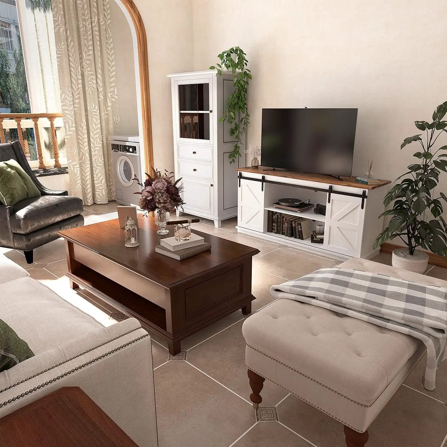 65 Inch Farmhouse TV Stand With Sliding Barn Doors from PriceLows™