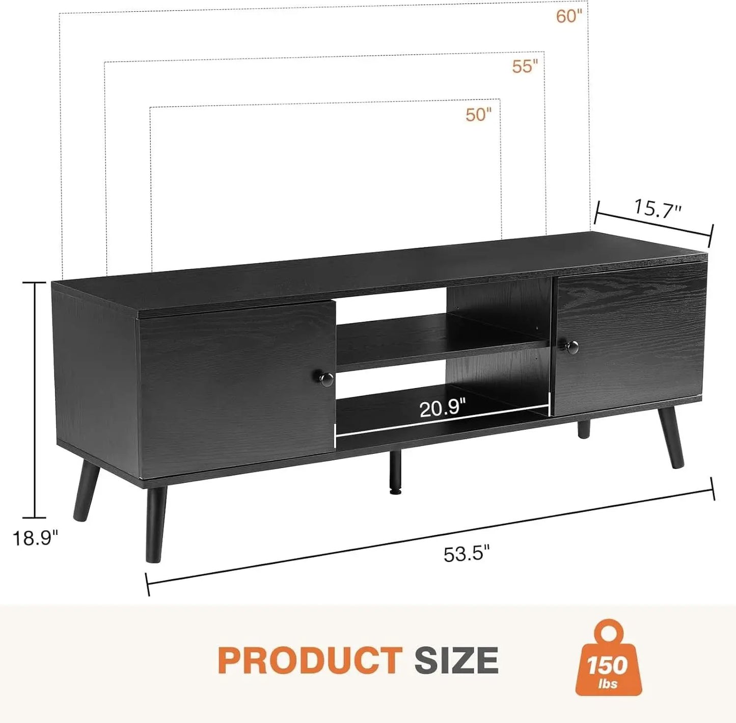 TV Stand For 55-60 Inch TVs Black With Two Cabinets Storage from PriceLows™