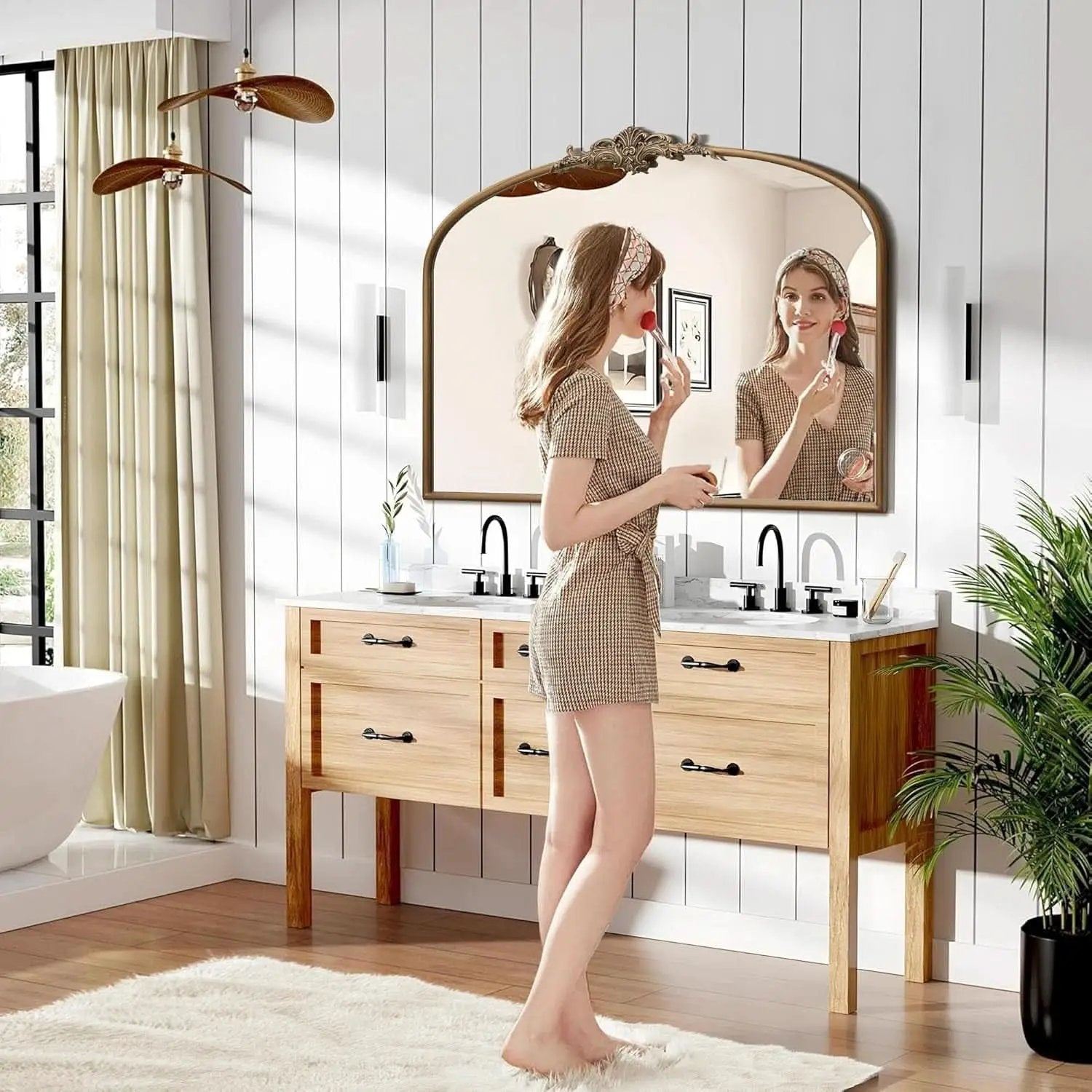 Arched Gold Wall Mirror 40x30 Inches Vintage Ornate from PriceLows™