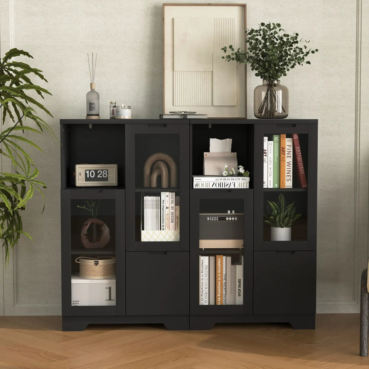 Modern Storage Cabinet | Adjustable Shelves | Double Glass Doors | Gray