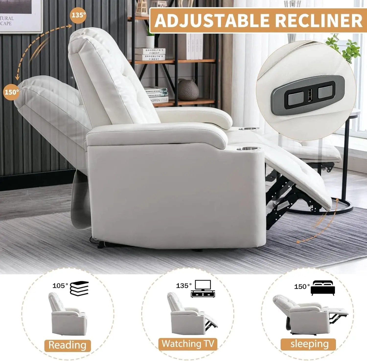 White Power Recliner Chair Set Of 2 With USB Ports from PriceLows™
