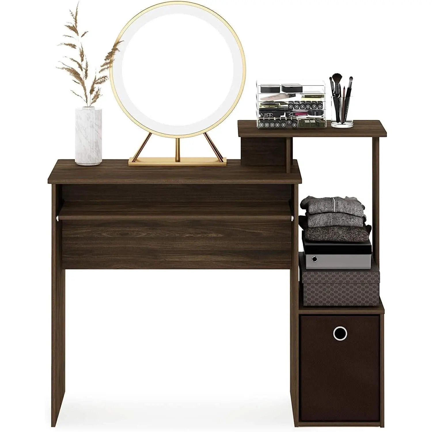 Walnut Compact Desk With Keyboard Tray And Shelves from PriceLows™