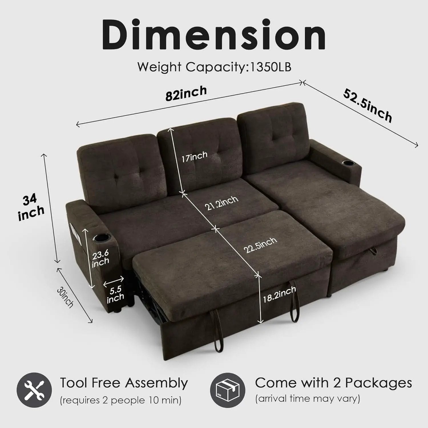 Dark Grey Microfiber Reversible Sectional Sofa Bed With USB from PriceLows™