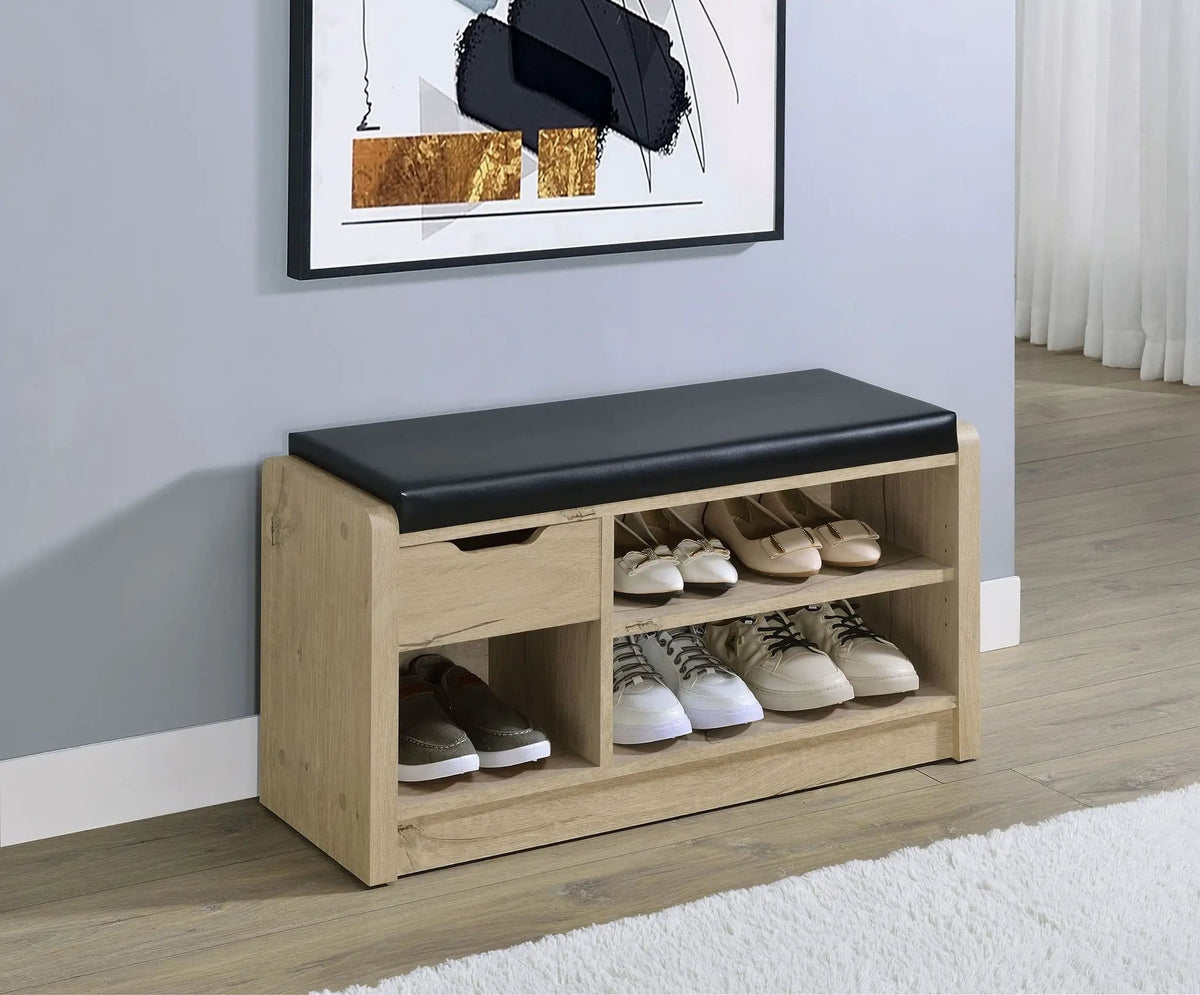 Arrington Storage Bench White Shoe Rack | 31.5 x 11.5 x 17.75 in | Engineered Wood & Faux Leather | Oak