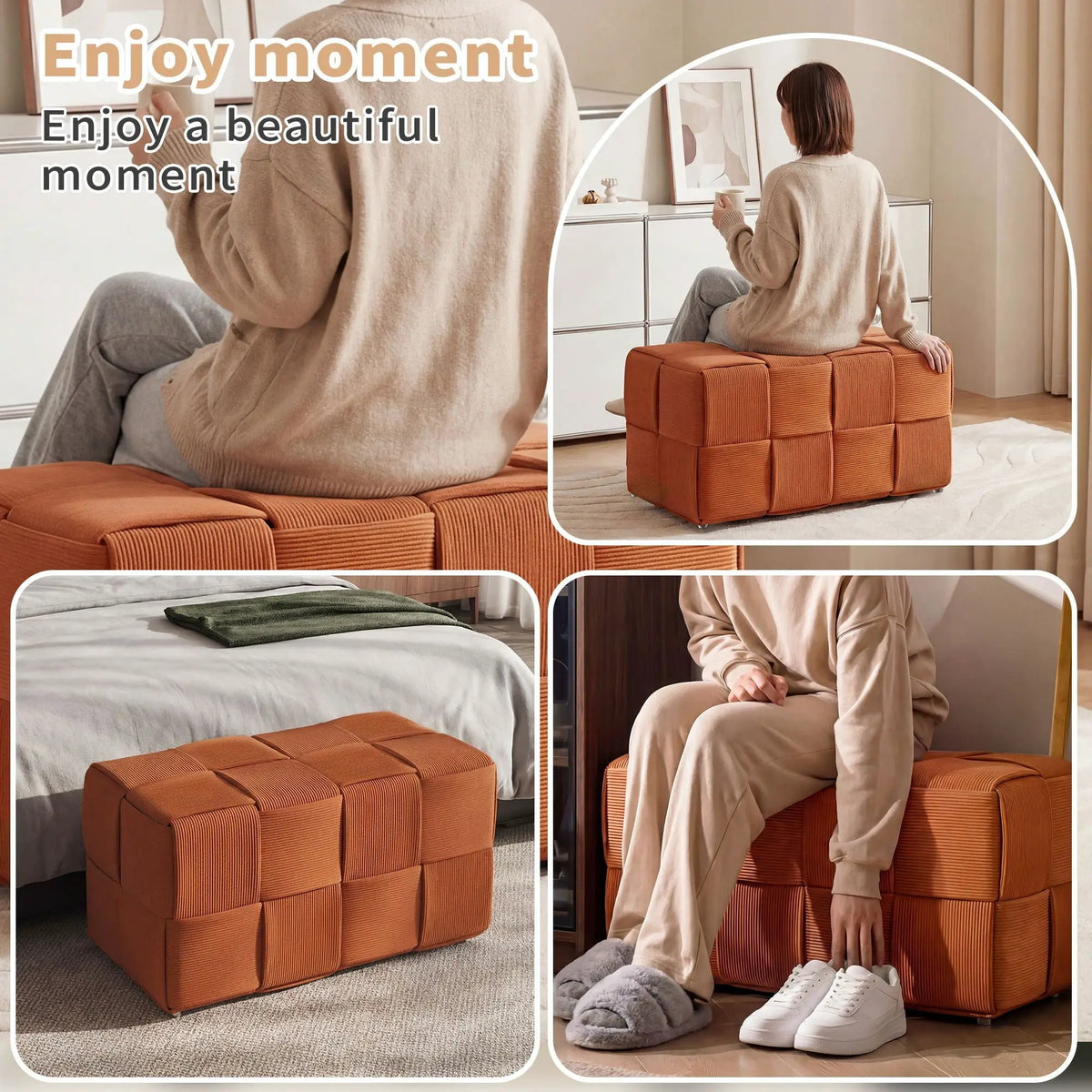 Modern Ottoman Foot Rest | Woven Design | Engineered Wood Frame | 14.2 Inch Cube