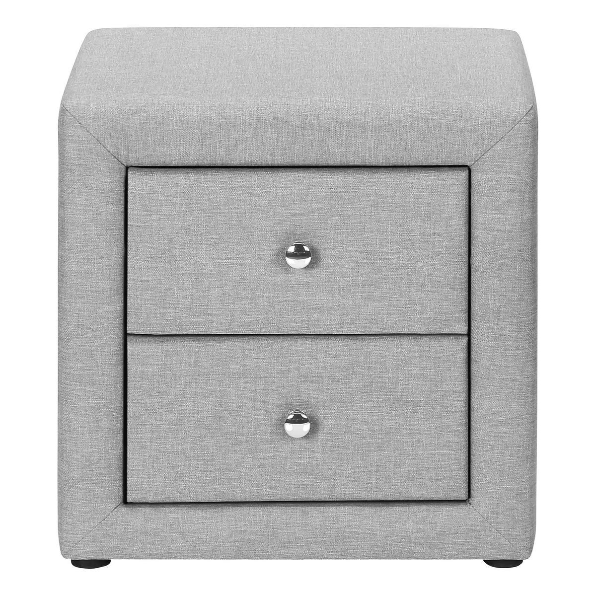Upholstered Nightstand | Transitional Style | Two Storage Drawers | Metal Drawer Knobs