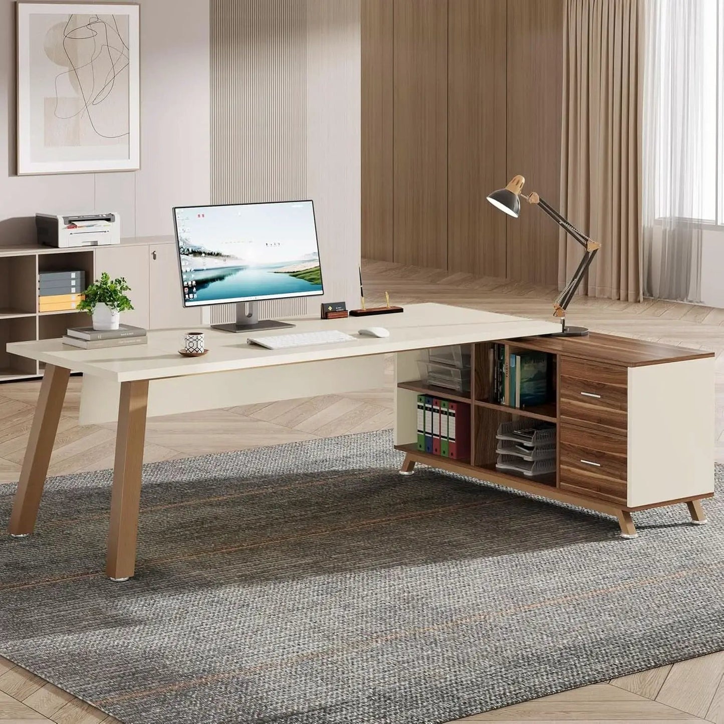 71 Inch Walnut White L Shaped Desk With 55 Inch Cabinet from PriceLows™