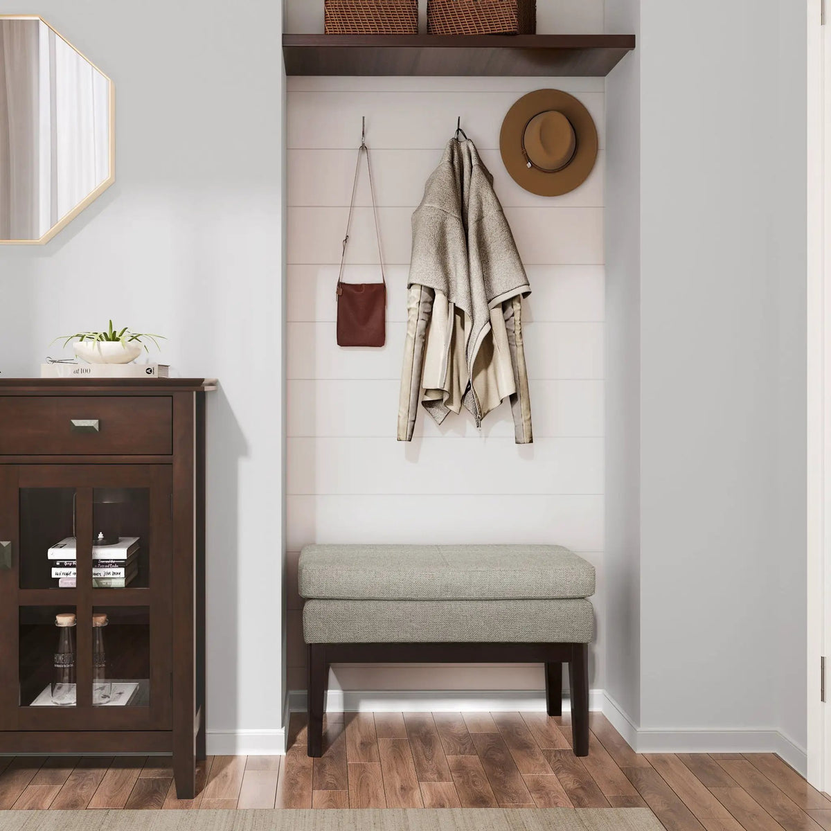 Carlson Ottoman Bench | Mid-Century Design | Top Stitching Detail | Webbed Seat Support