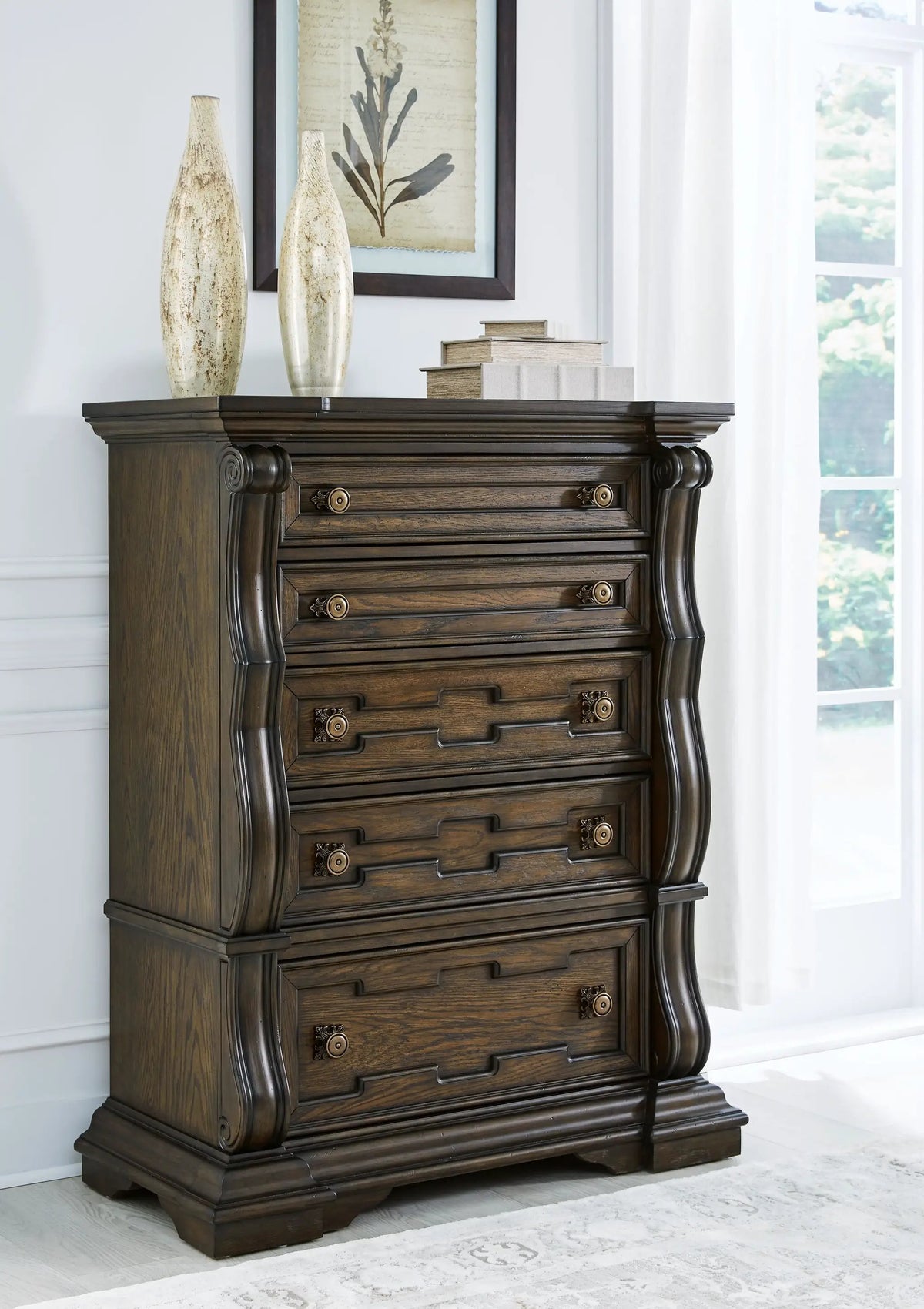 Maylee Five Drawer Chest | Dark Brown Finish | Lined Top Drawer | Traditional Style