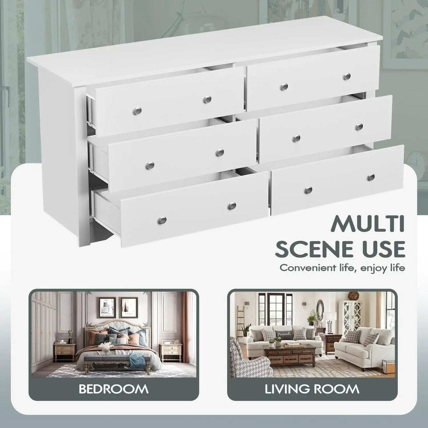 Dresser With 6 Drawers And TV Stand White Wood Storage from PriceLows™