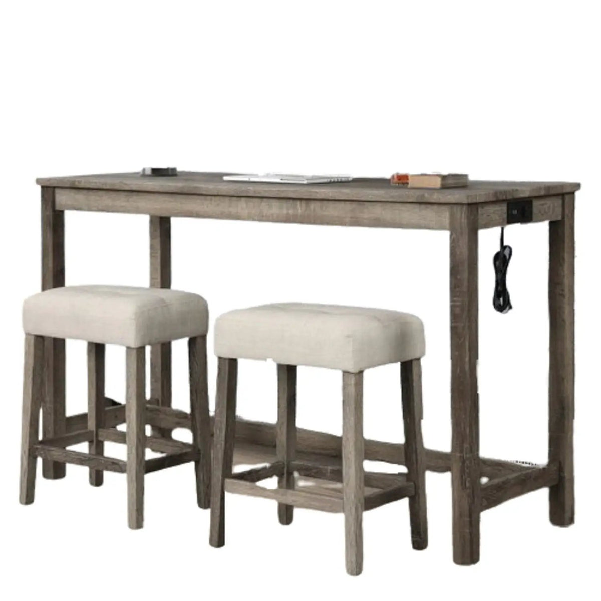3 Piece Counter Bar Set | Usb And Outlet | Tufted Upholstered Seats | Brown