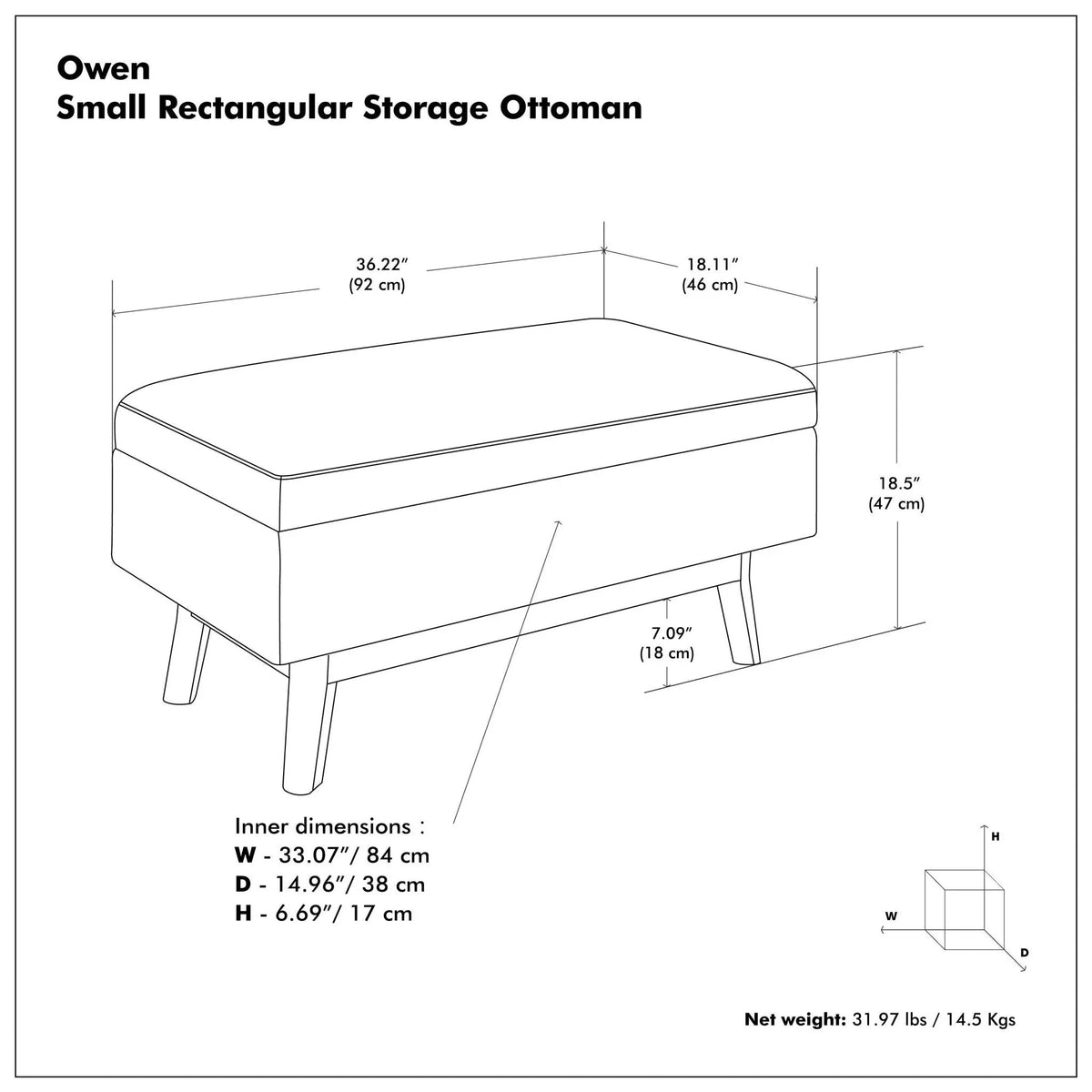 Storage Ottoman | Rectangular Design | Solid Wood Frame | Lift Top