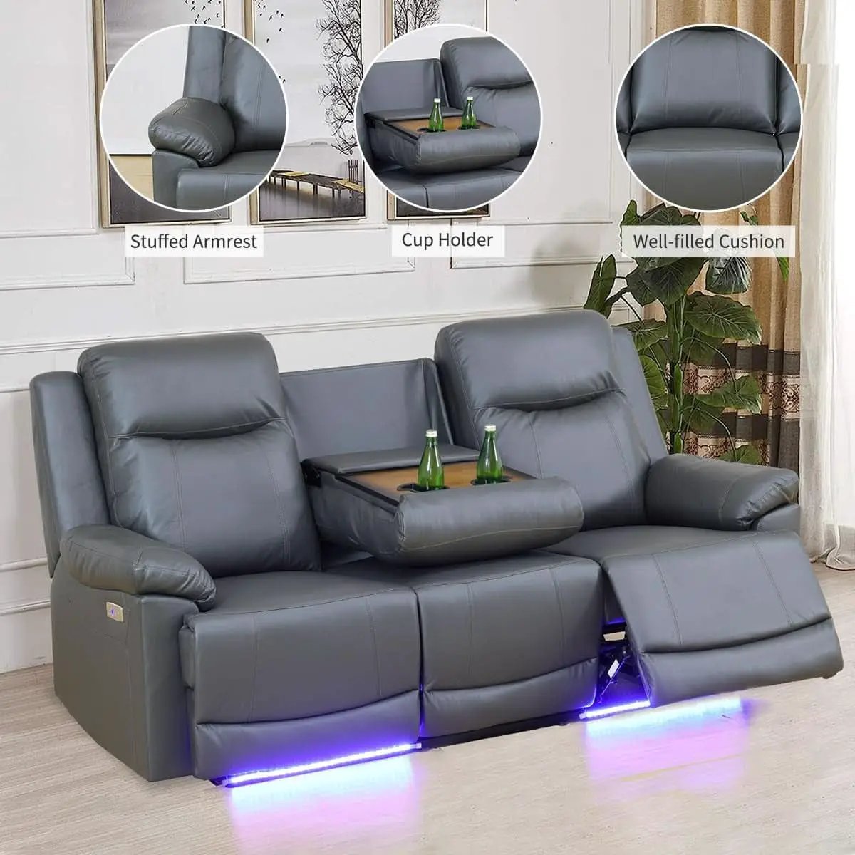 Power Recliner Sofa Set Leather With USB Ports Living Room from PriceLows™
