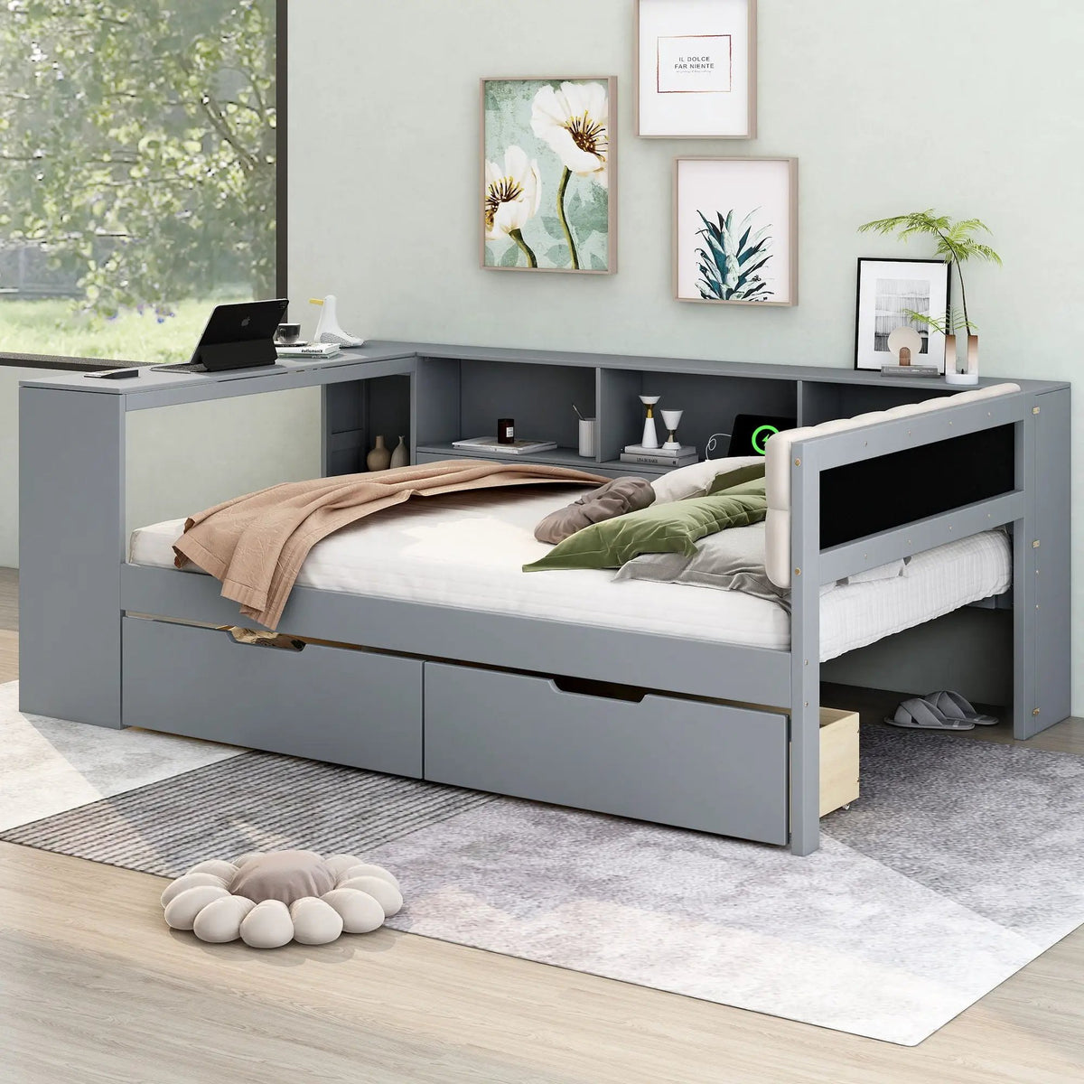 Upholstered Headboard Platform Bed | Storage Shelves | Two Drawers | Charging Station