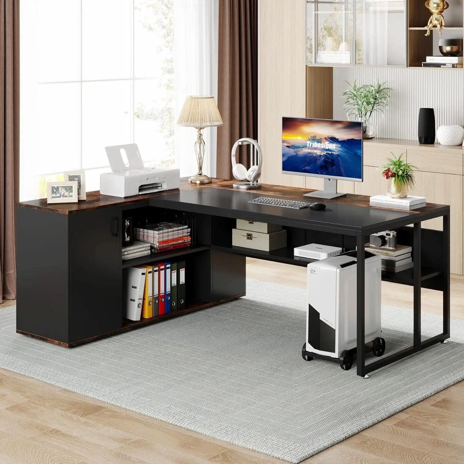 71 Inch L Shaped Executive Desk Brown And Black Office from PriceLows™
