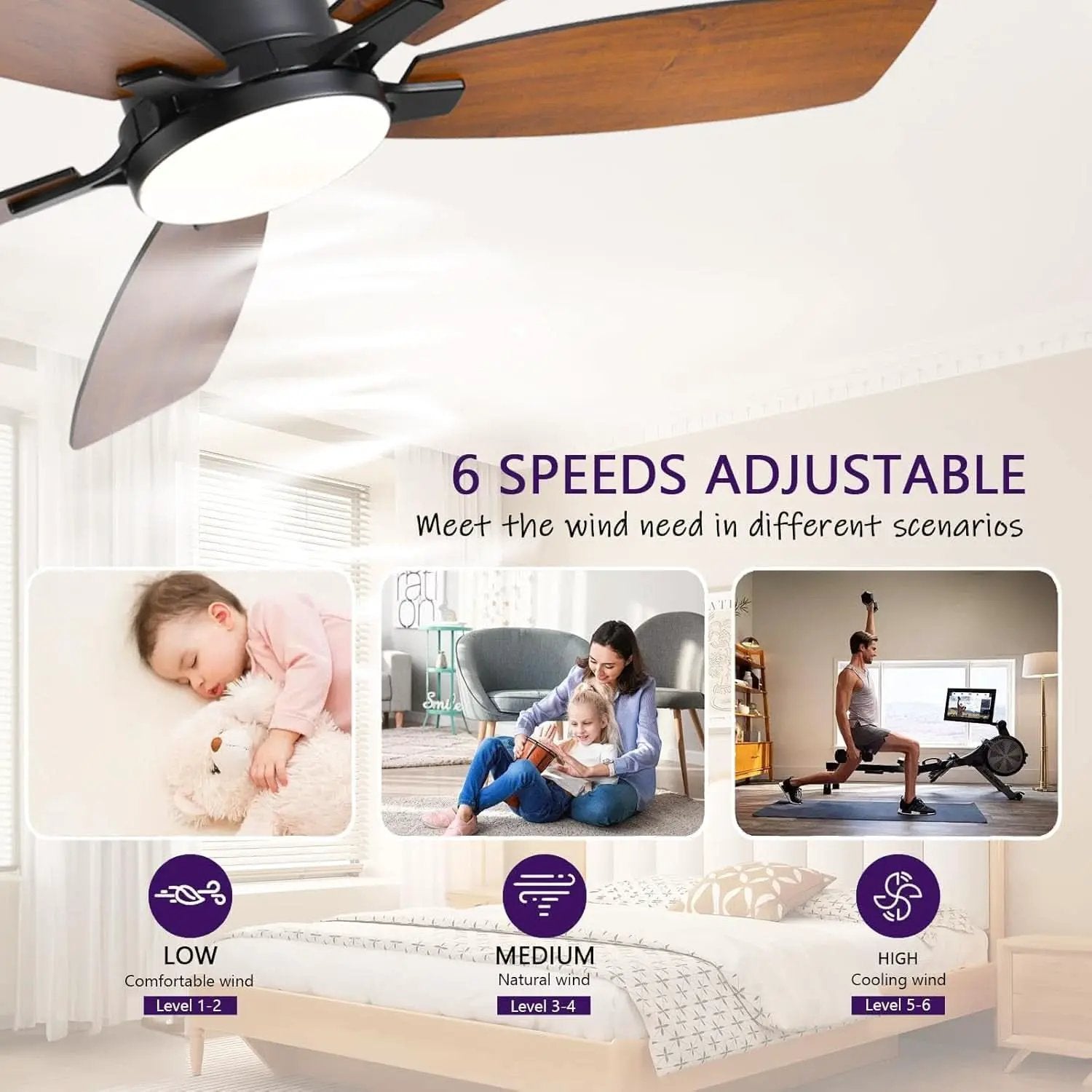 52 Inch Dimmable LED Ceiling Fan Flush Mount Efficient from PriceLows™