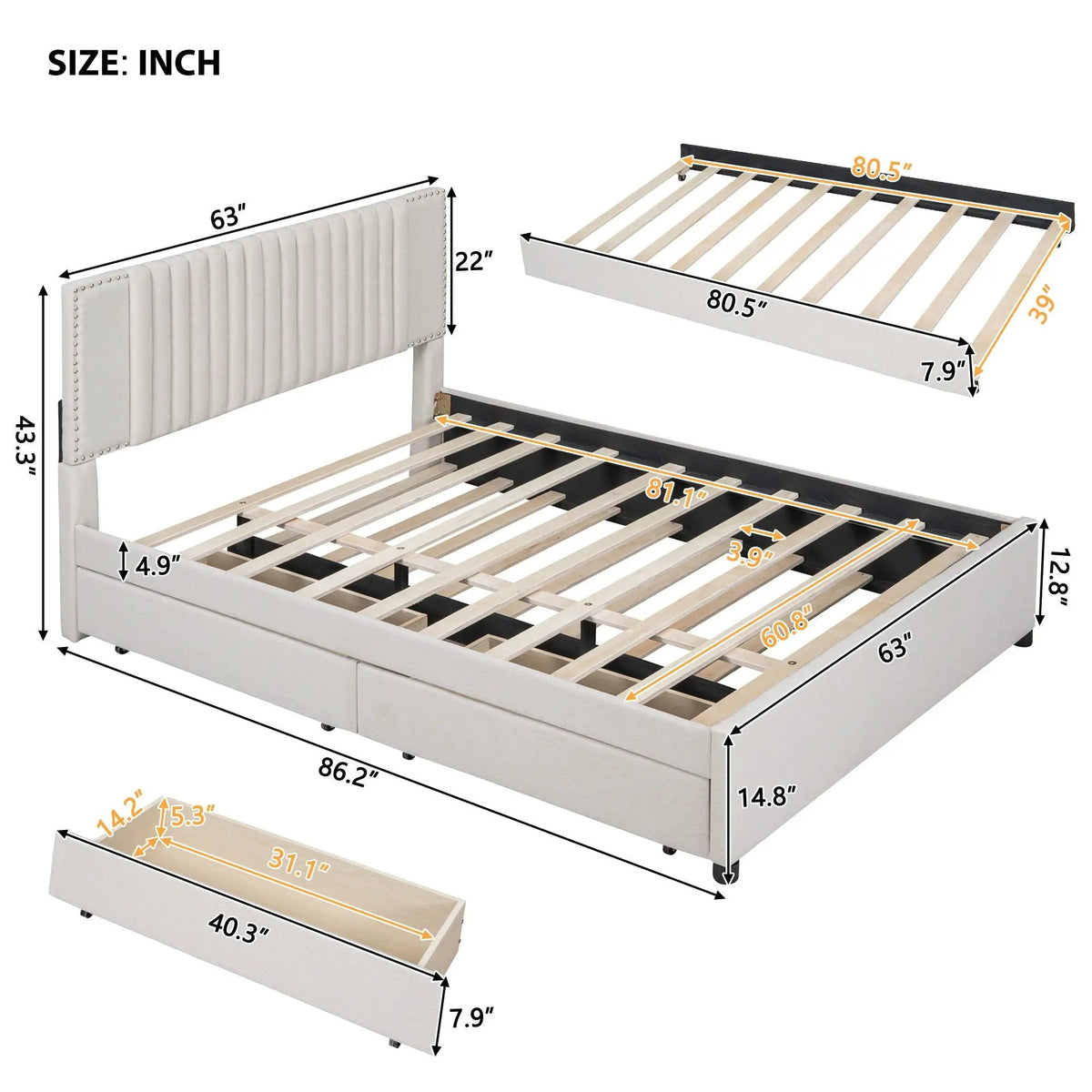 Upholstered Platform Bed | Drawers | Classic Headboard Design | Thick Foam Fill