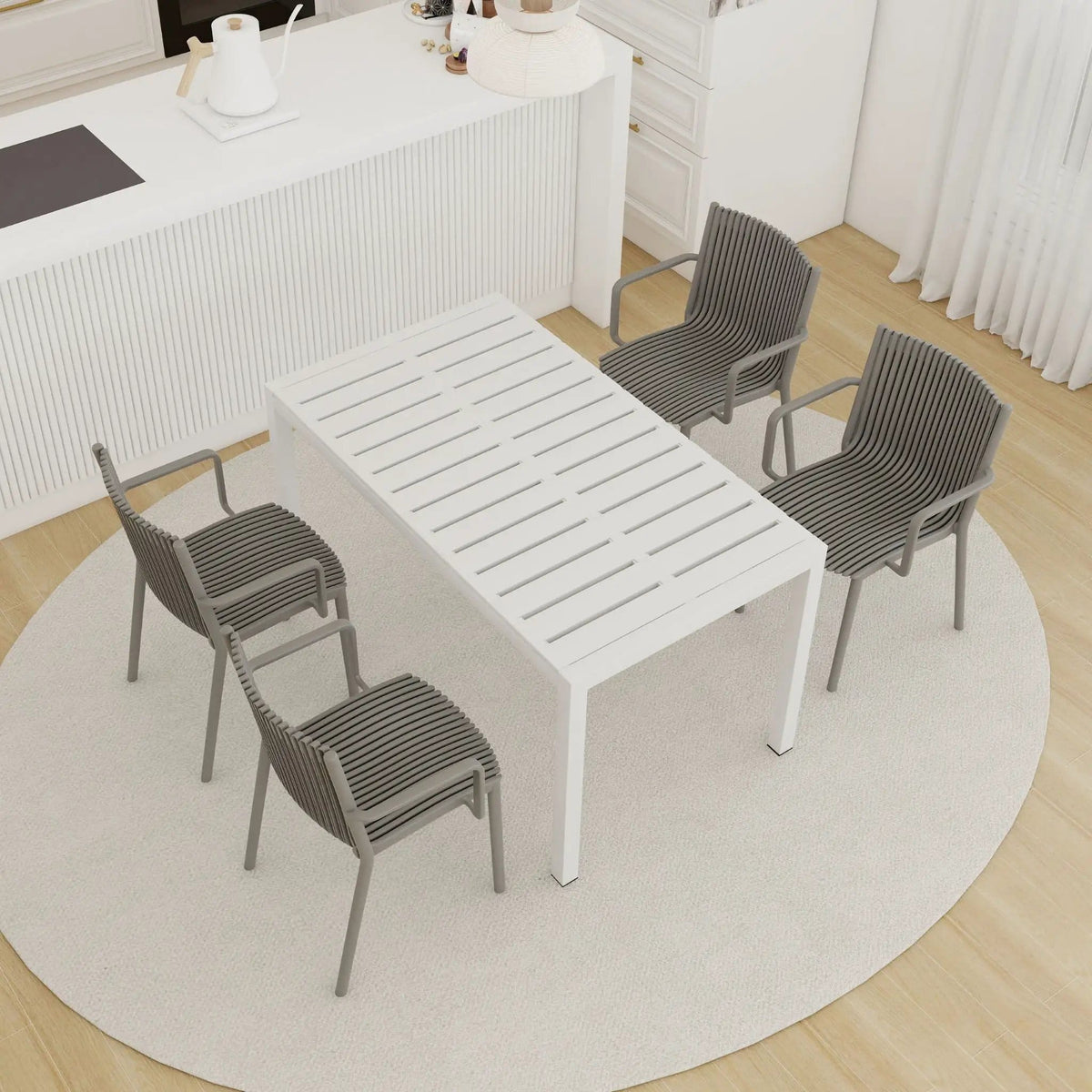 4 Modern Stackable Armchair Matched With Long Table 5 Piece Outdoor Set | 5 Piece Outdoor Set | Metal | Outdoor Living