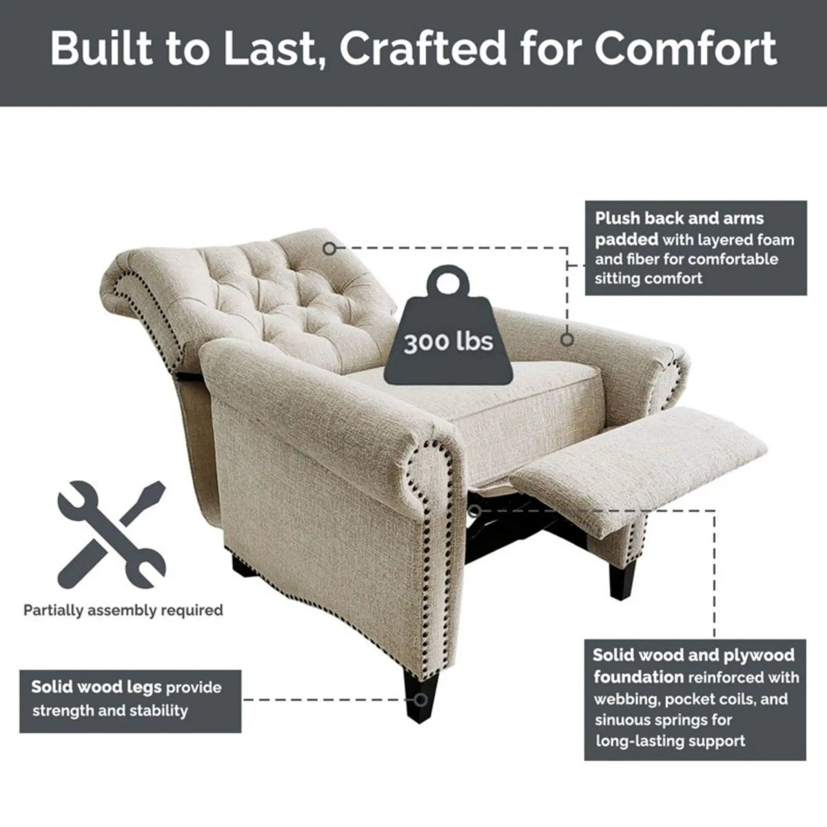 Aidan Push Back Recliner Chair | Tufted Back | Nailhead Trim | Cream