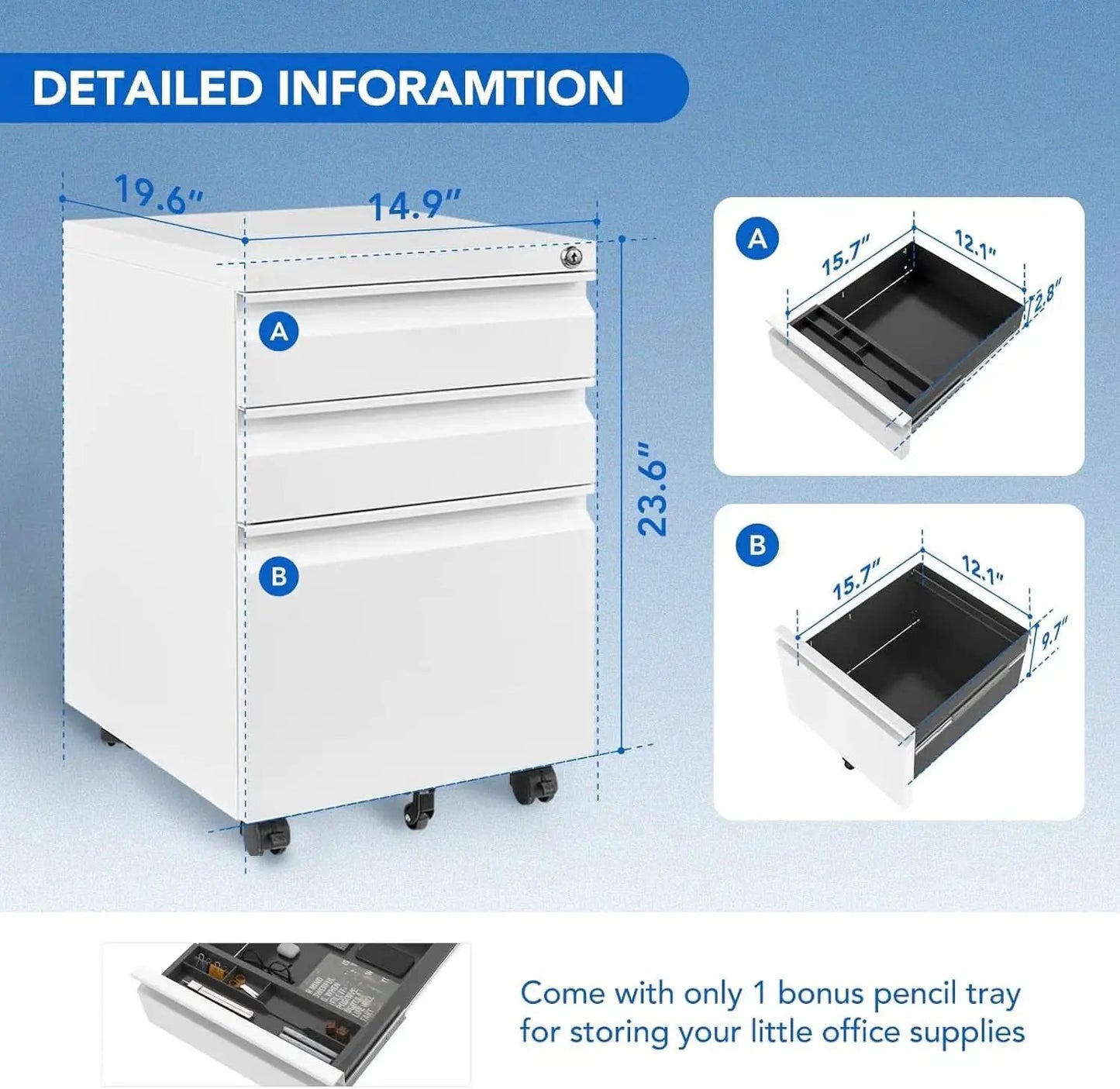 Three Drawer Mobile File Cabinet Under Desk White With Locking System For Legal Letter A4 Files from PriceLows™