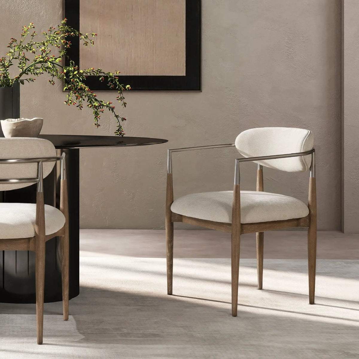 Artemis Mixed Material Upholstered Dining Arm Chair | 22 x 23 x 30.5 in | Rubberwood | Warm White