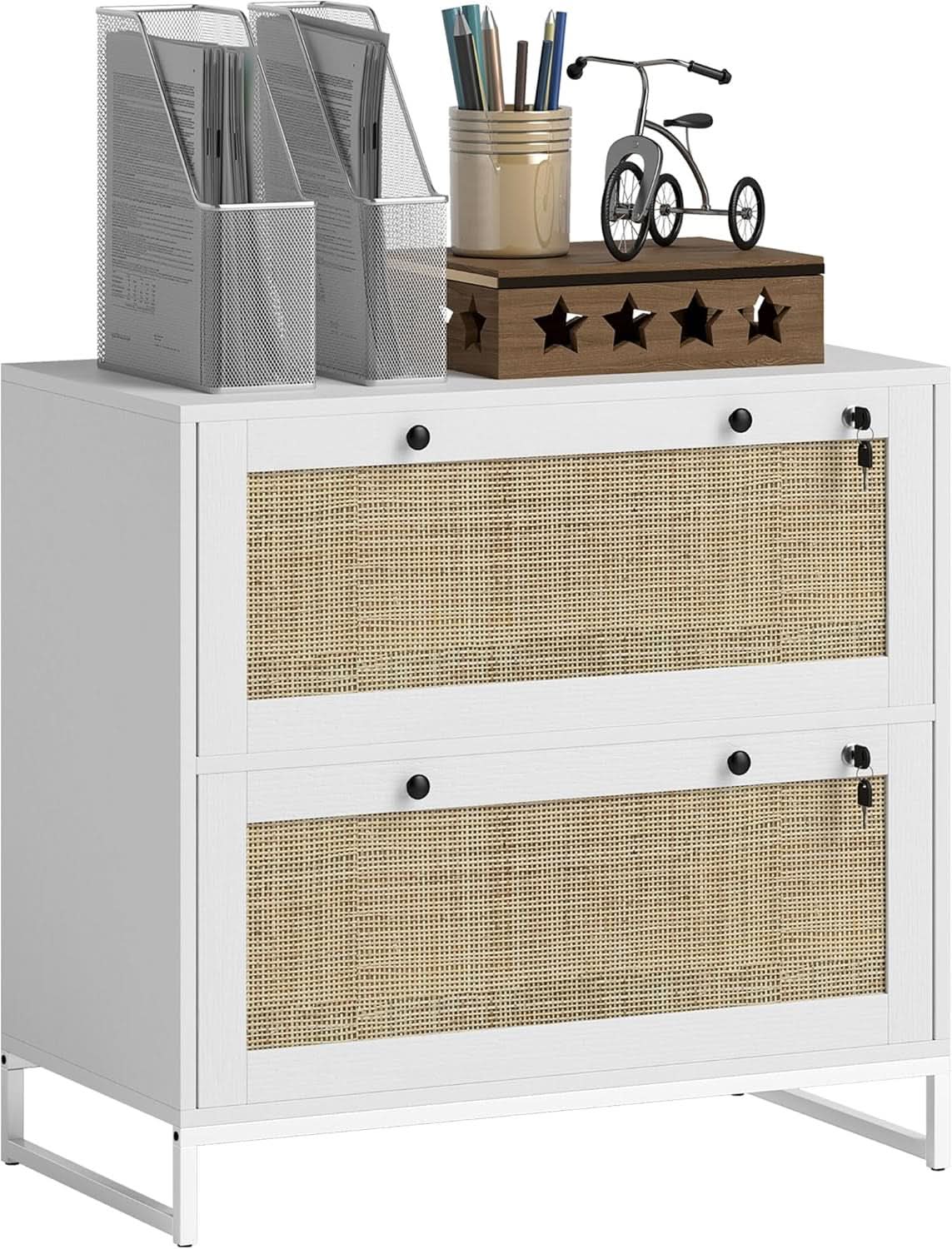White Rattan 2 Drawer Locking Lateral File Cabinet from PriceLows™