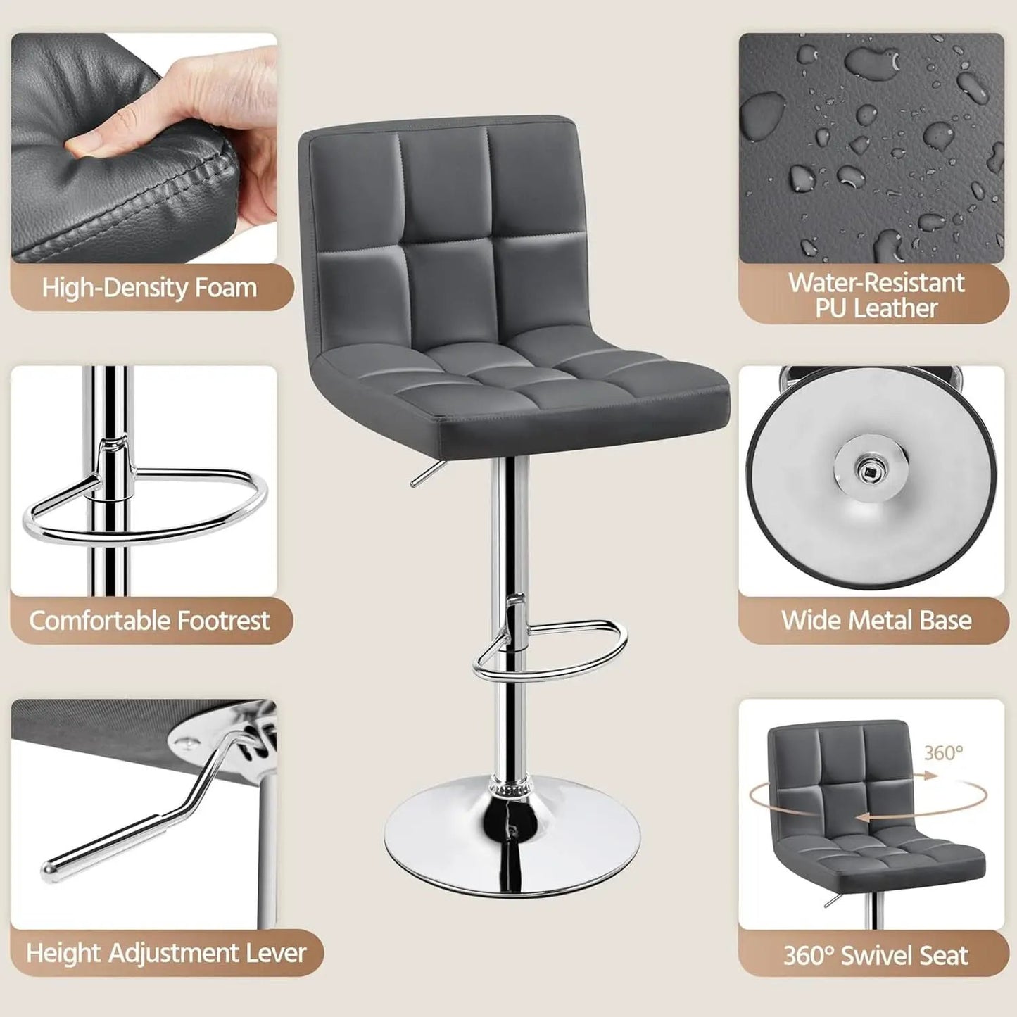 Bar Stools Set of 2, PU Leather Swivel Backrest, Gray from PriceLows™