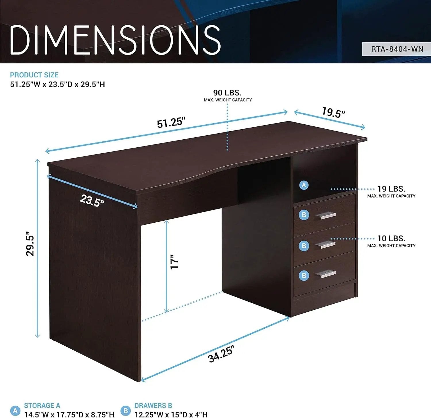 Wenge Computer Desk With 3 Drawers And Side Storage Shelf from PriceLows™