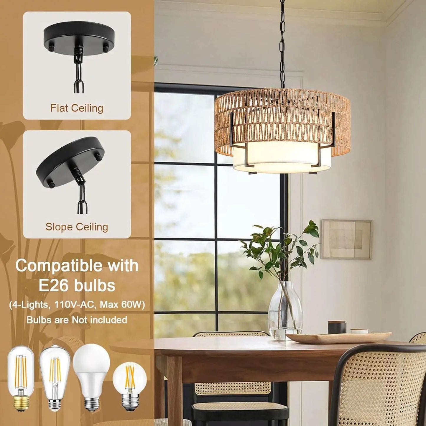 Boho Rattan Chandelier Pendant Light Natural Finish from PriceLows™