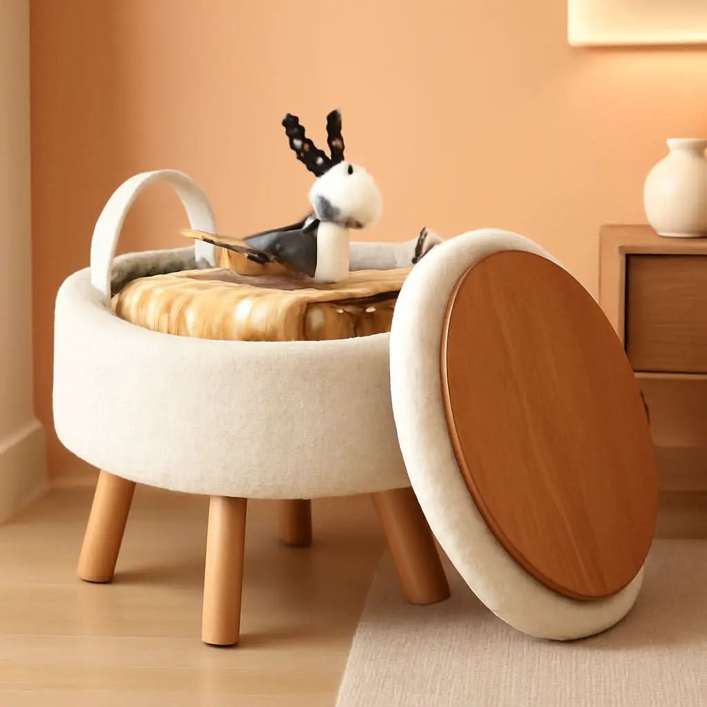 Cream Velvet Round Storage Ottoman With Solid Wood Legs