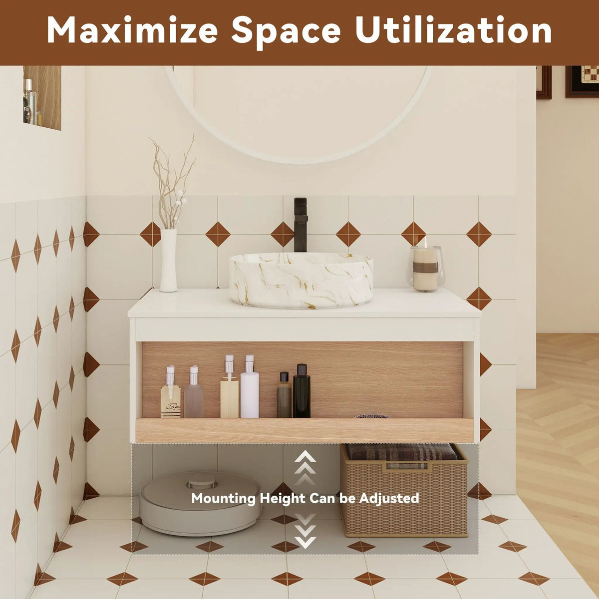 Floating Bathroom Vanity | Wall Mounted | Ceramic Vessel Sink | White