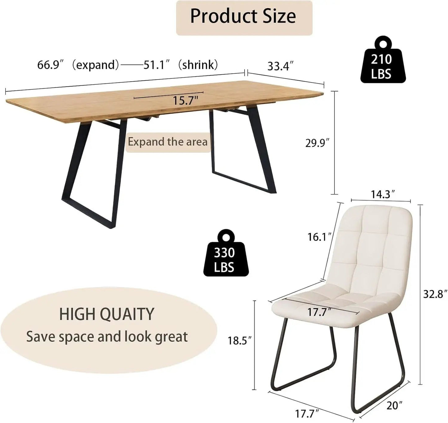 67 Inch Expandable Dining Table Set With Six Chairs from PriceLows™
