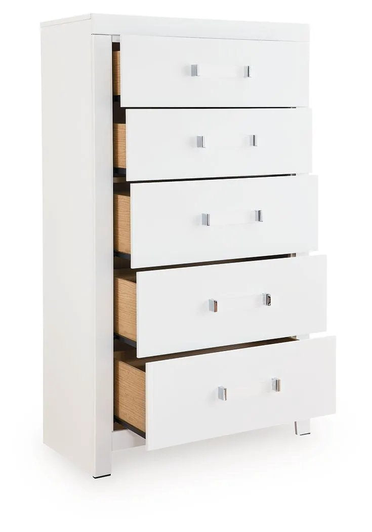 Maeling Five Drawer Chest | Modern Glamour Style | Sleek Matte Finish | Acrylic And Chrome-Tone Hardware