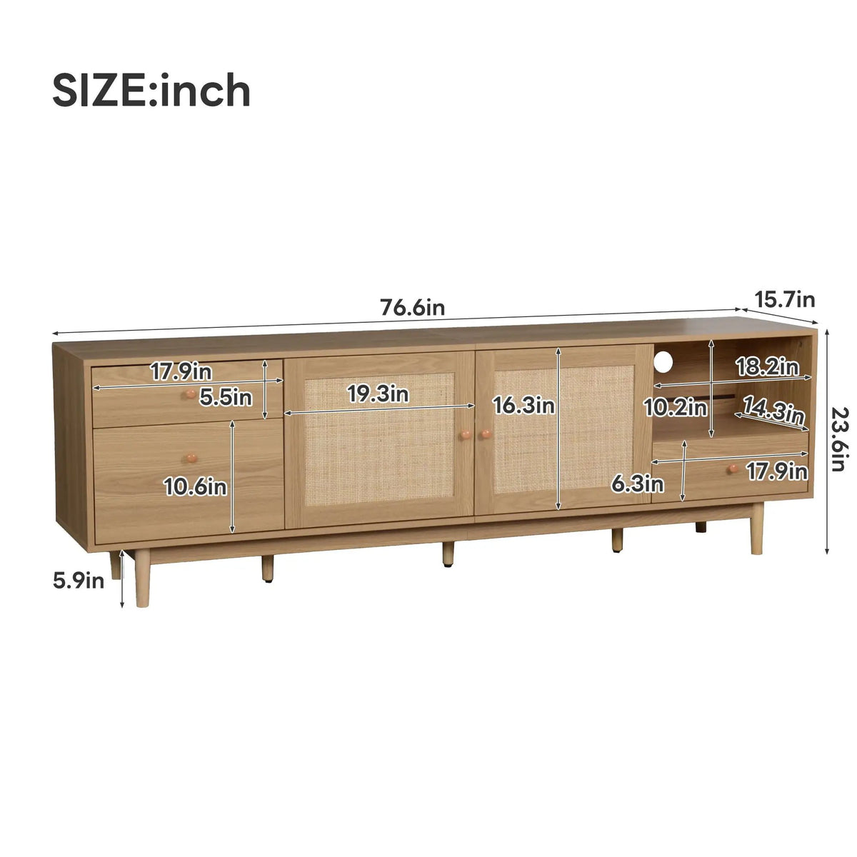 76 Inch TV Stand With Doors | Three Drawers | Two Cabinets | Natural Rattan Doors