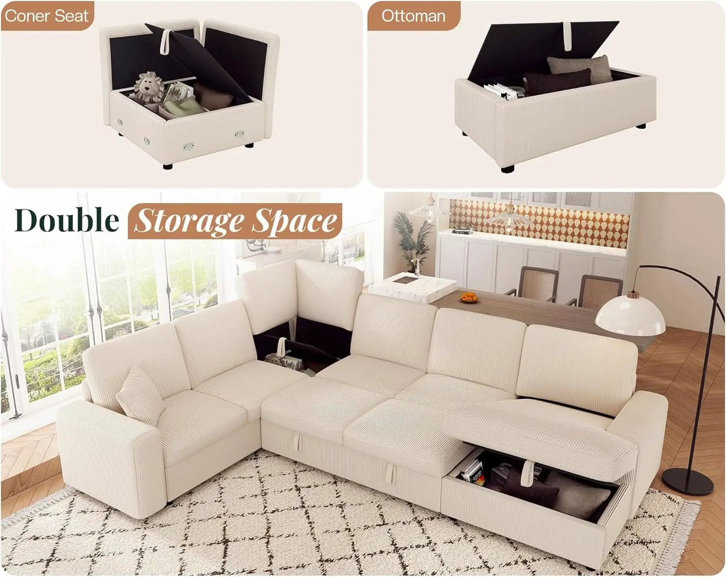 130Inch Beige Upholstered Sleeper Sofa With Storage from PriceLows™