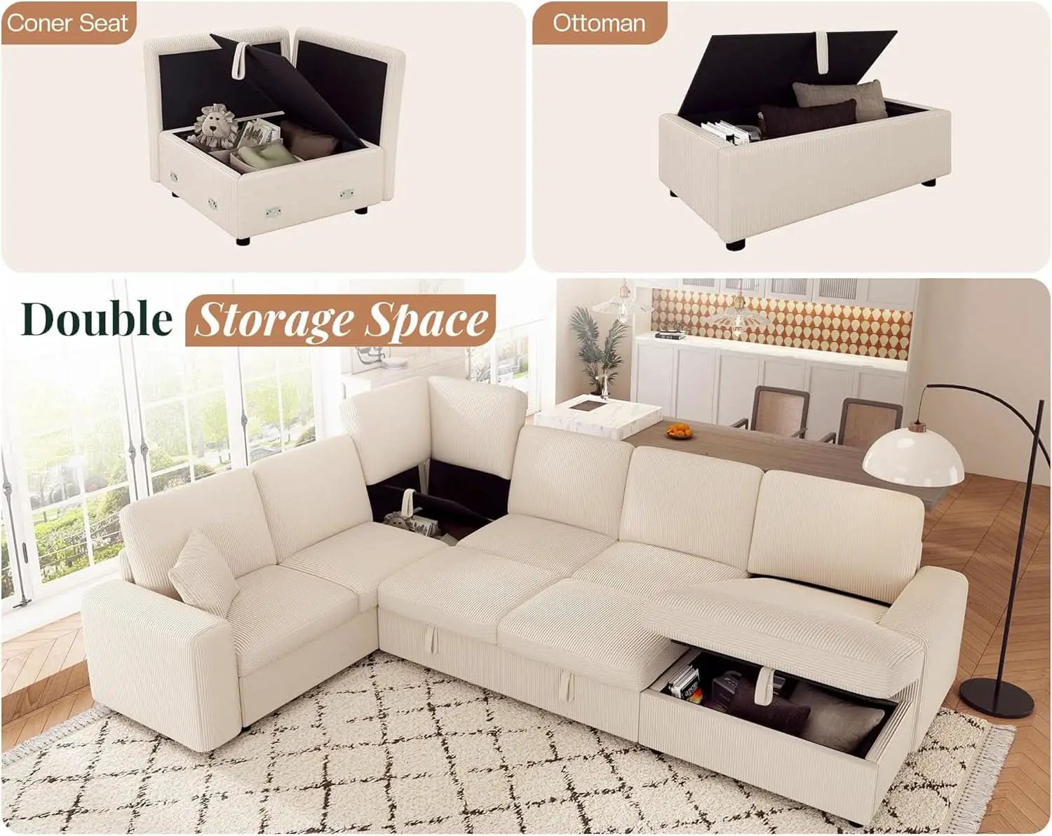 130Inch Beige Upholstered Sleeper Sofa With Storage from PriceLows™