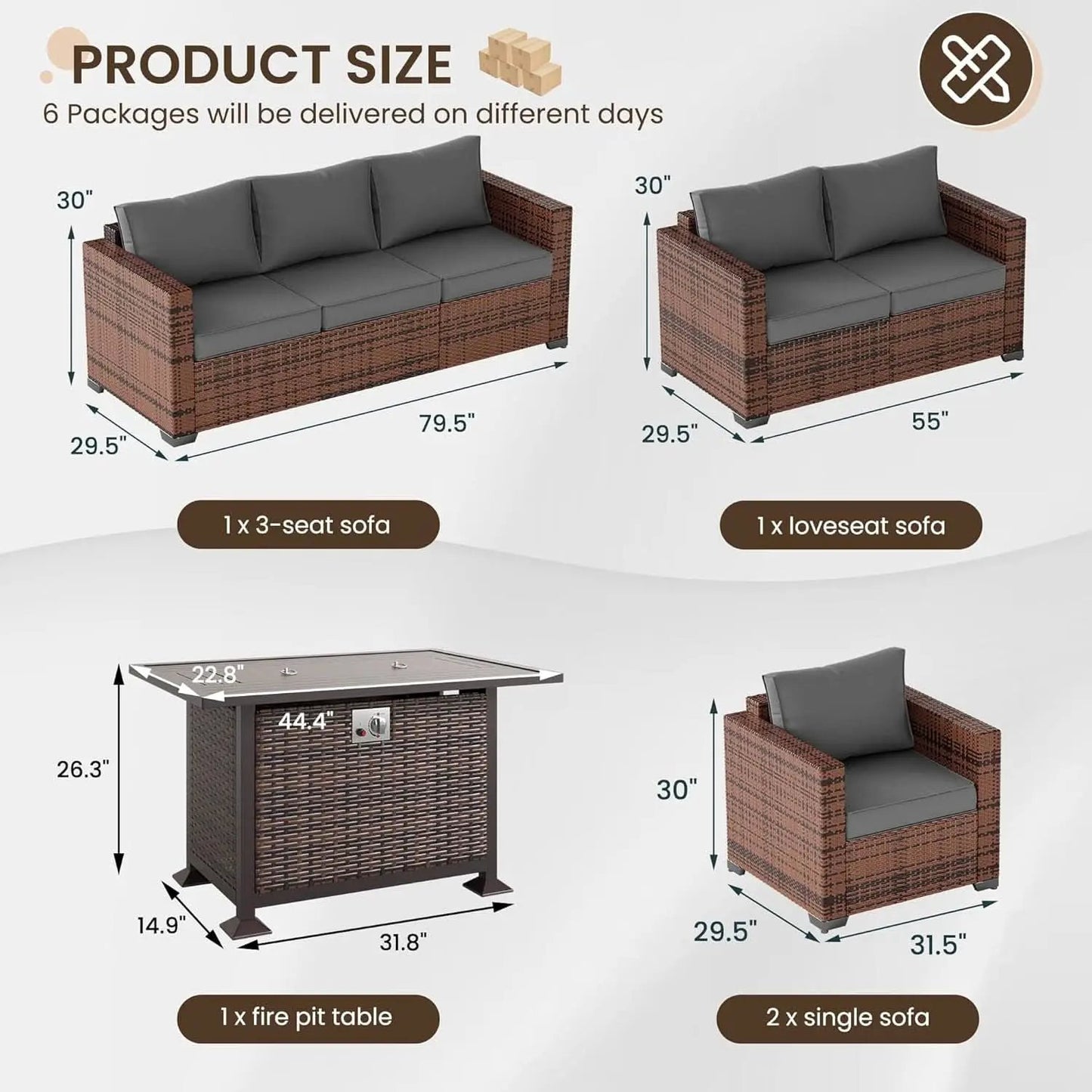 5 Piece Wicker Patio Furniture Set With Fire Pit Table Grey from PriceLows™