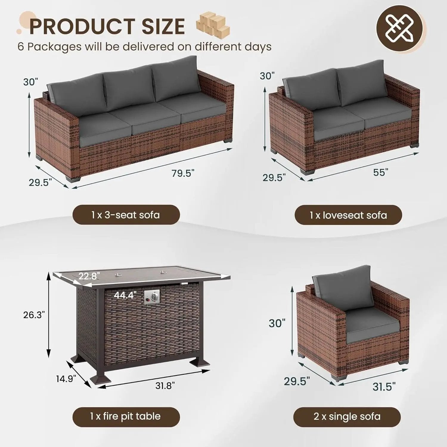 5 Piece Wicker Patio Furniture Set With Fire Pit Table Grey from PriceLows™