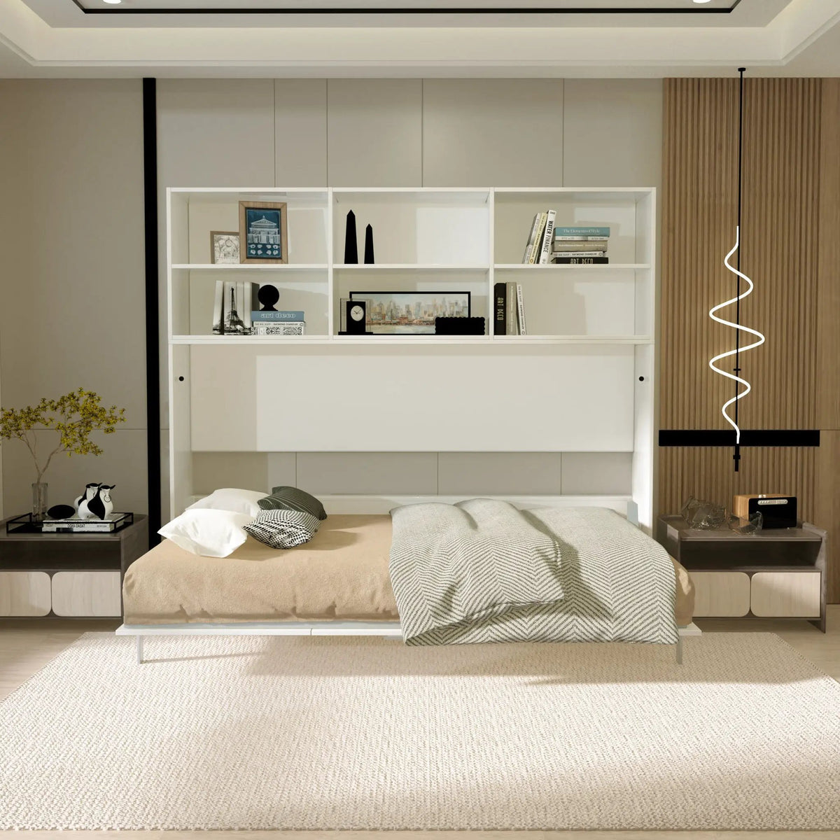 Twin Size Horizontal Murphy Bed | Gas Struts | White | Double Layer Shelf