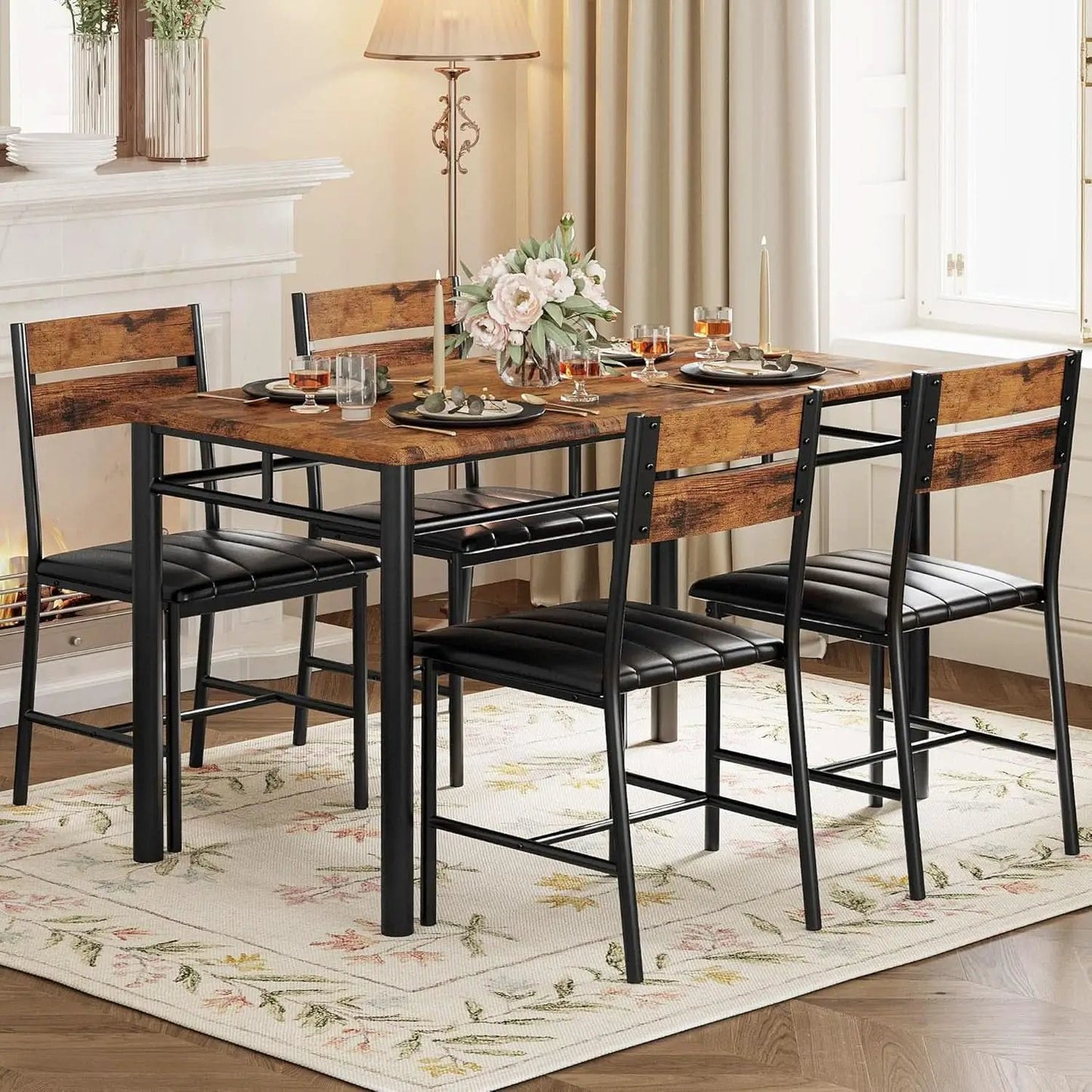 Dining Table Set For 4 Wood Kitchen Table With Upholstered Chairs Rustic Brown from PriceLows™