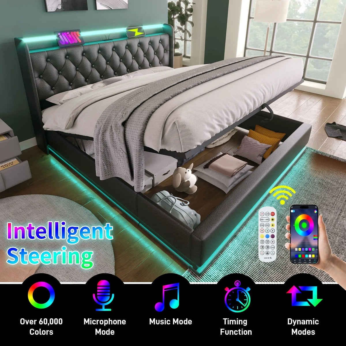 Upholstered Bed, 360 Surround LED Function, Remote Control, Hydraulic Storage Bed | 8 Pieces | Fabric & Iron | Bedroom