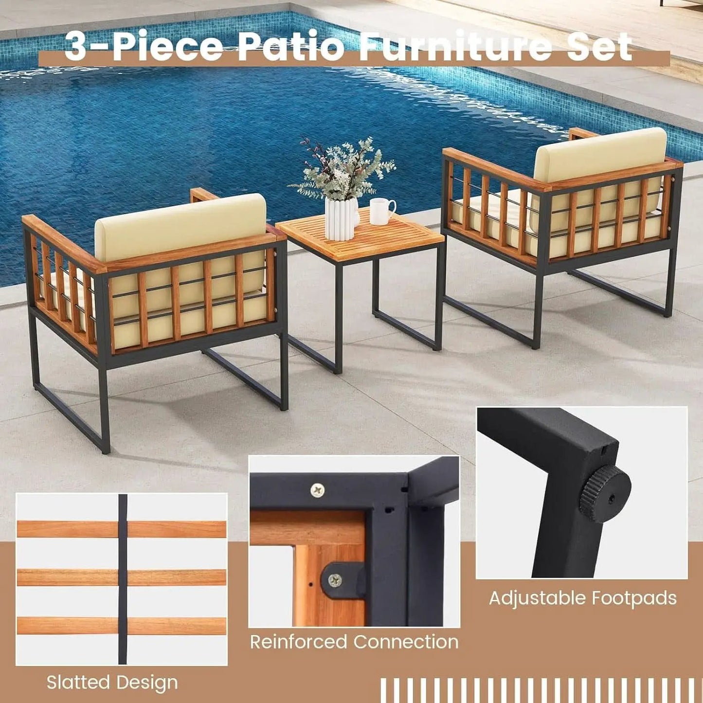Three Piece Acacia Wood Patio Chair Set With Cushioned Seats For Balcony Porch And Backyard Beige from PriceLows™