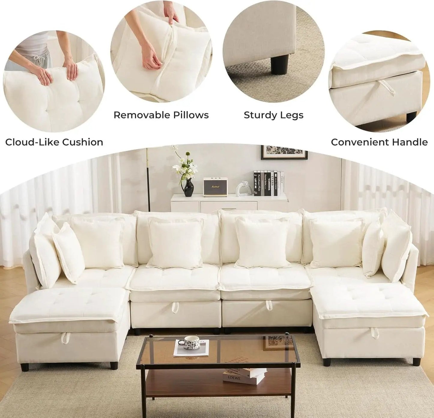 White OneThirtyThreeInch Modular Sectional Sofa Hidden Storage from PriceLows™