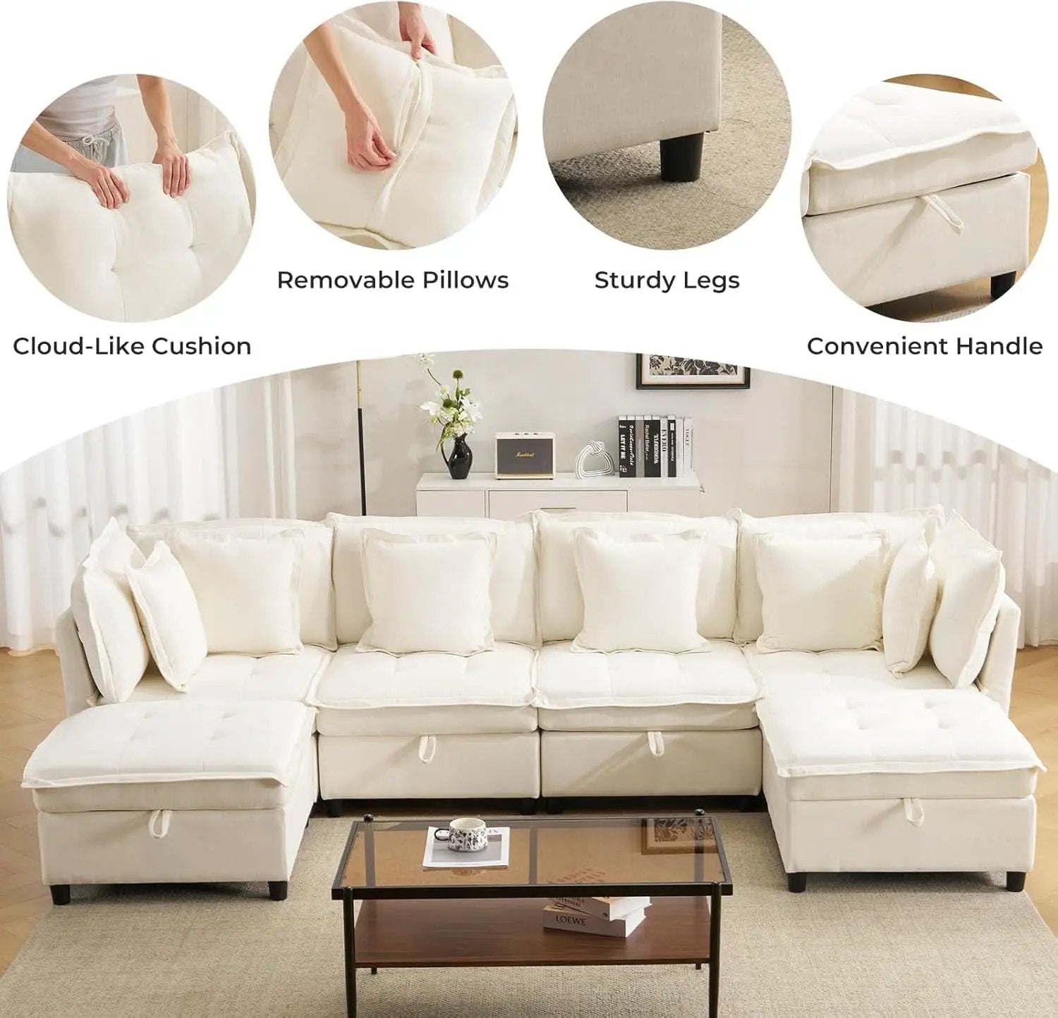 White OneThirtyThreeInch Modular Sectional Sofa Hidden Storage from PriceLows™